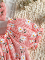 2Pcs Summer Newborn Soft  Cotton Pink Baby Girls Rompers Dress Daisy Print Short Sleeve Jumpsuits Clothes Bodysuits +Headband