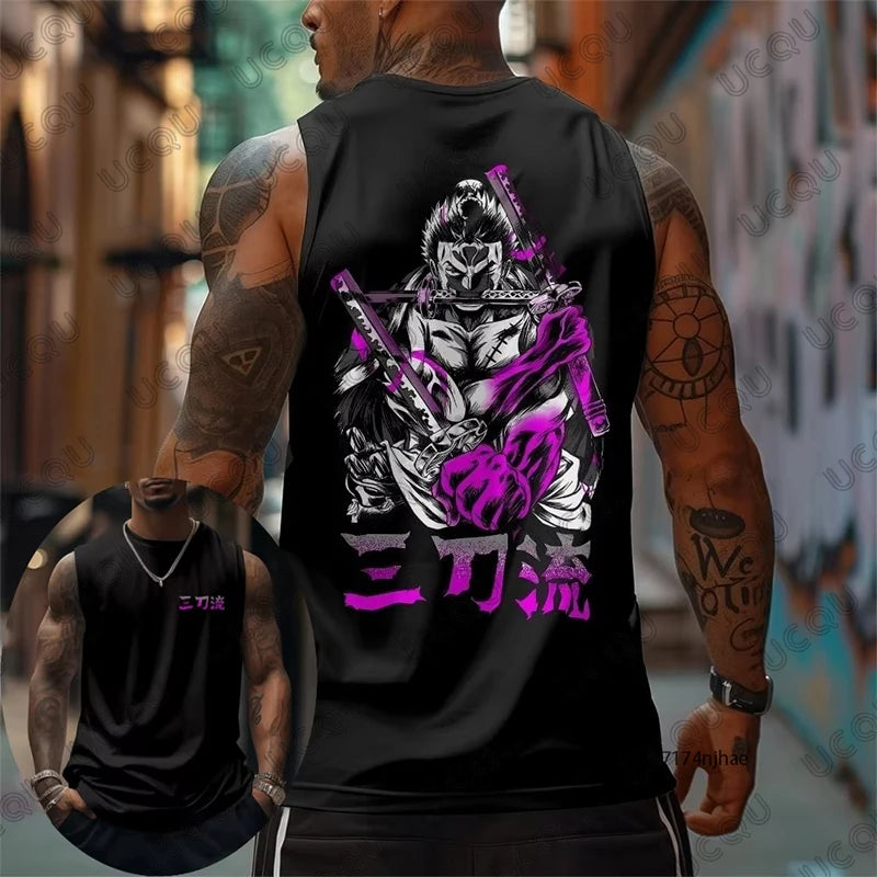 One Piece Anime Roronoa Zoro Print Sleeveless T-Shirt For Men Summer Sports Fitness Vest Tank Top Casual Oversized Unisex Tees