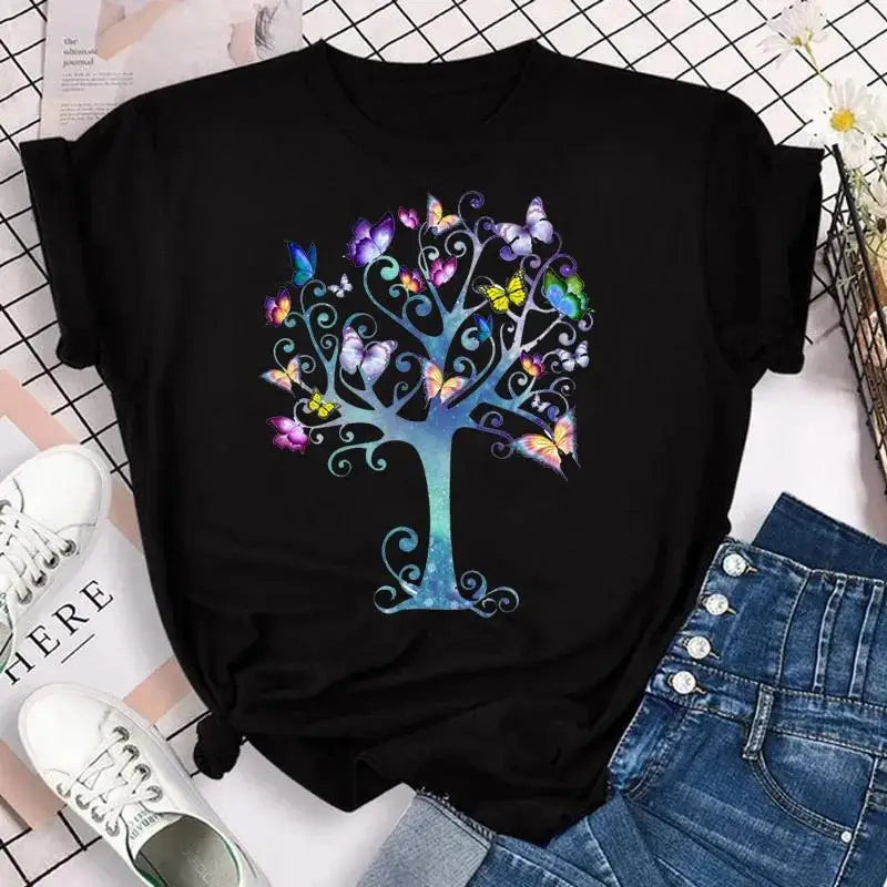 Fashion Women Men T Shirt Colorful Butterfly Petal Graphic Print T Shirt Casual Crew Neck Short Sleeve Plus Size T Shirt Unisex