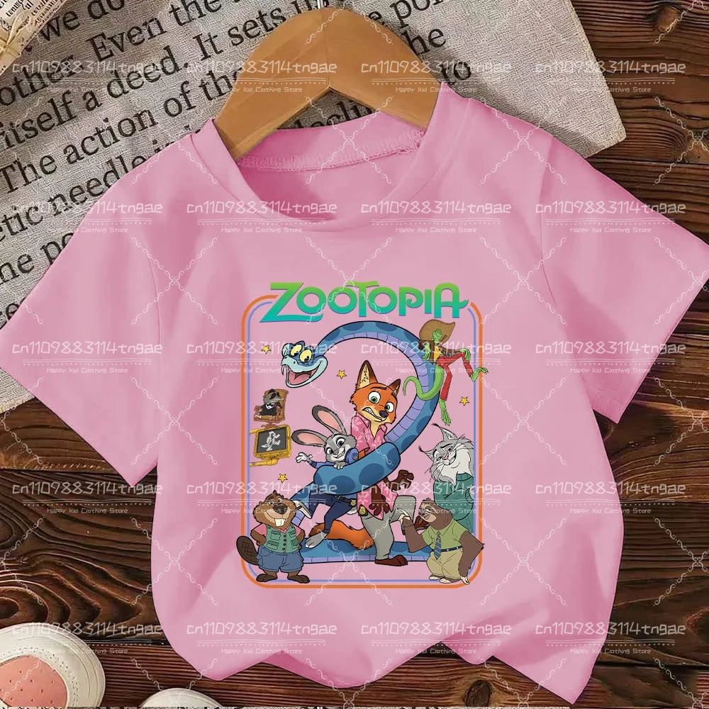 2026 Summer Children Girl Boy Cotton Clothes  Zootopia Cartoon Prints T-shirts Fashion Kid Baby Short Sleeve Crew Neck Top