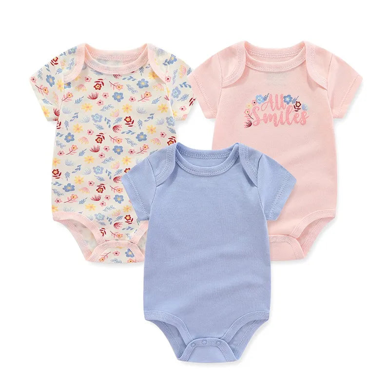 Unisex Cotton Newborn Baby Boy Clothes 3Pieces Summer 0-12M Cartoon Baby Girl Clothes Print Bodysuits Short Sleeve Bebes