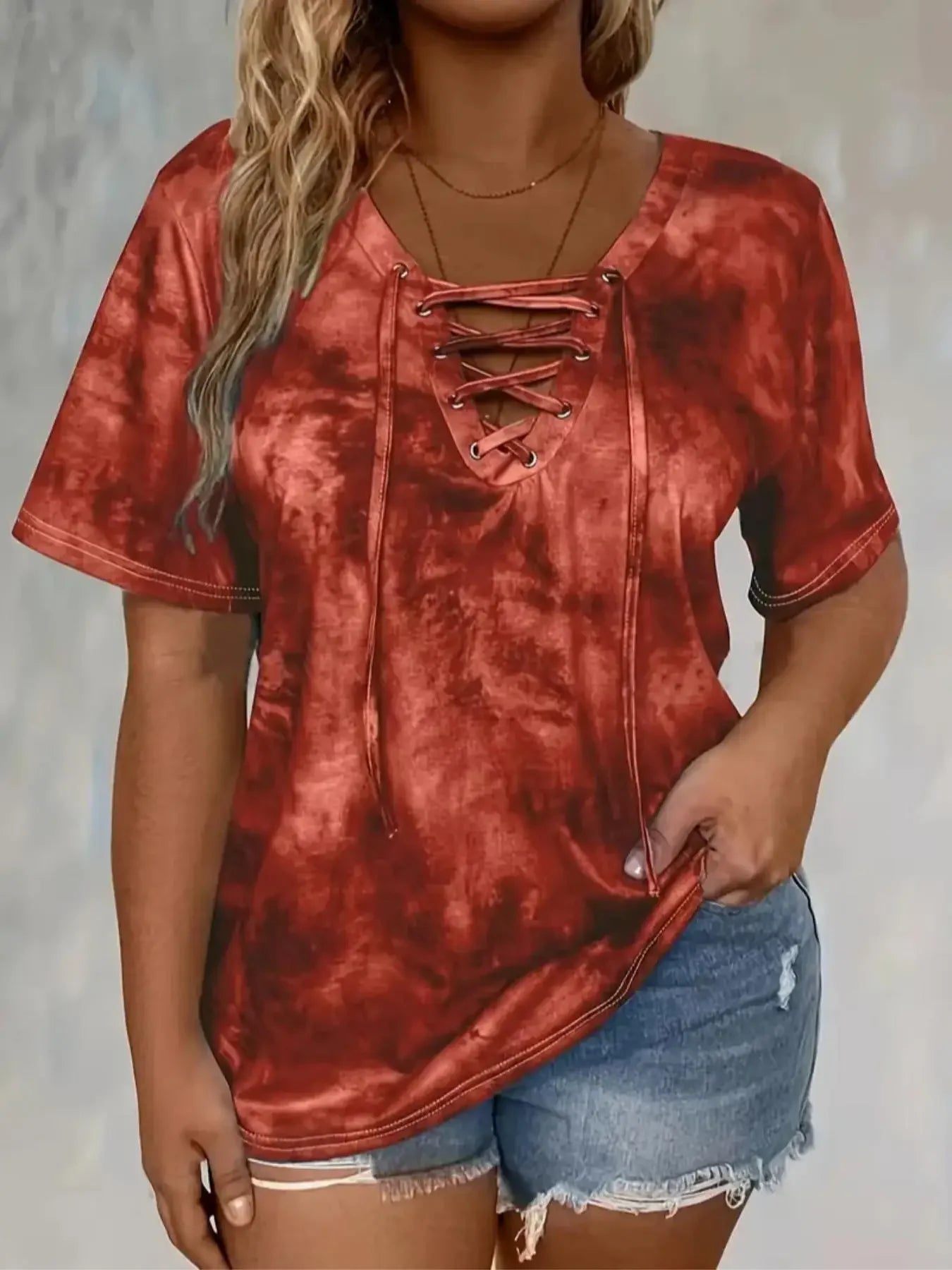Plus Size Women's 1XL-5XL Fashion Tie Dye Print Short Sleeve T-Shirt Ladies Casual Loose Fit Tee with Lace-Up Drape Neck T-shirt