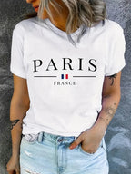 Plus Size PARIS Print T-shirt Short Sleeve Crew Neck Casual Top For Summer & Spring Women's Clothing