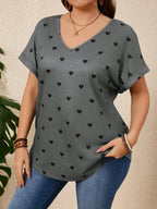 Plus Size Heart Design Pattern Printed T-shirts Summer Fashionable High Quality Short Sleeved Casual Sports V-Neck Pullover Tops