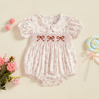 0-18M Infant Baby Girls Bowknot Embroidered Rompers Lovely Floral Print Doll Collar Short Sleeve Bubble Jumpsuits for Newborn