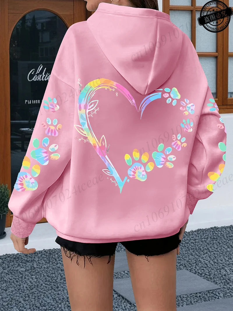 Heart Dog Paw Printed Hoodies Women Casual Fashion All Match Hoody Fleece Warm New Pullovers Harajuku Trend Hooded Sweatshirts
