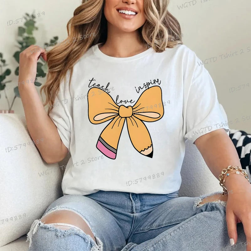 Women's Inspirational Teacher Graphic T Shirt Pencil Bow Design Short Sleeve Tee Gifts for Teacher's Day Crew Neck Classic Tops