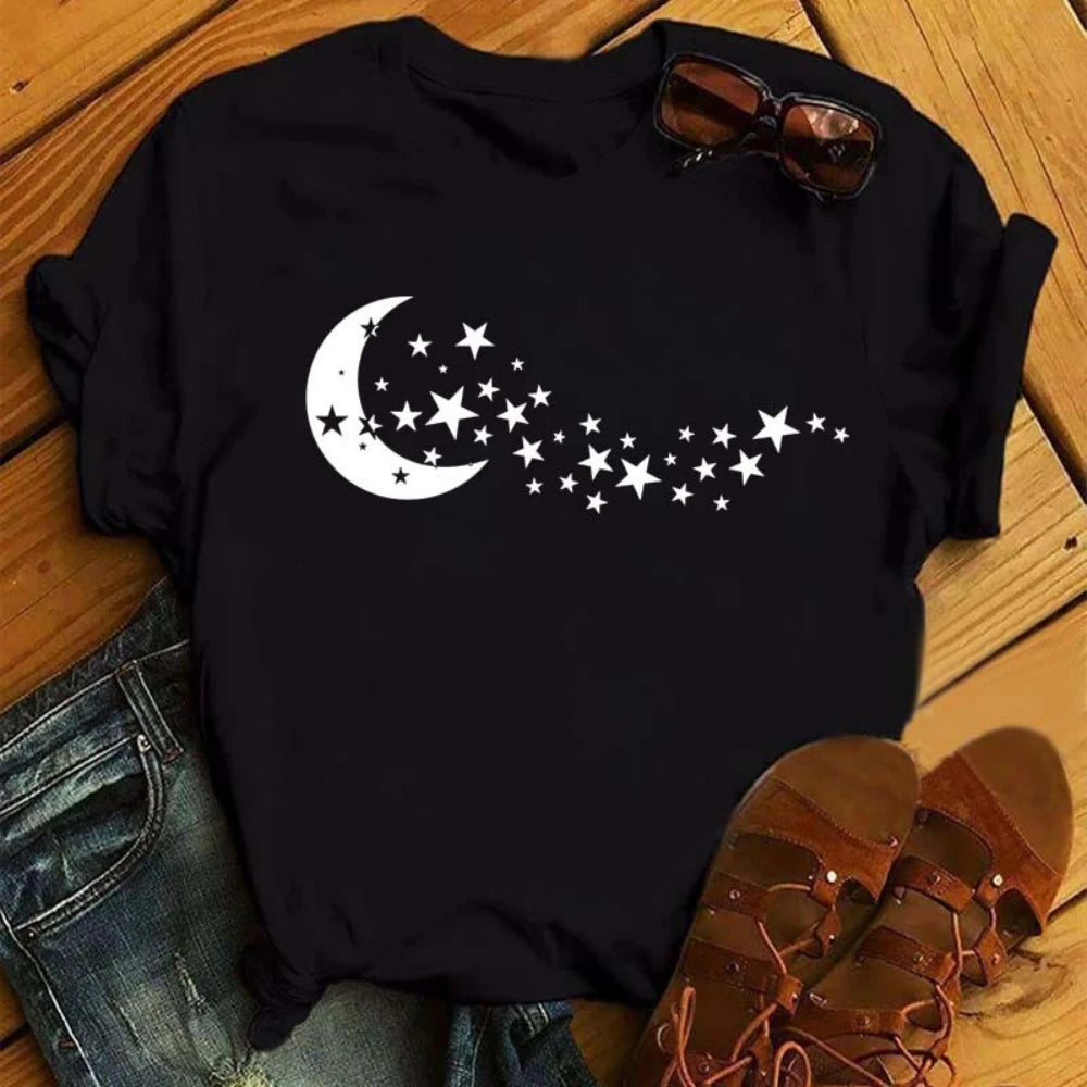 Gold and White Sun Moon Stars Print Women T Shirt Short Sleeve Women Tshirt Durable Plus-size Casual T-shirt Daily Streetwear