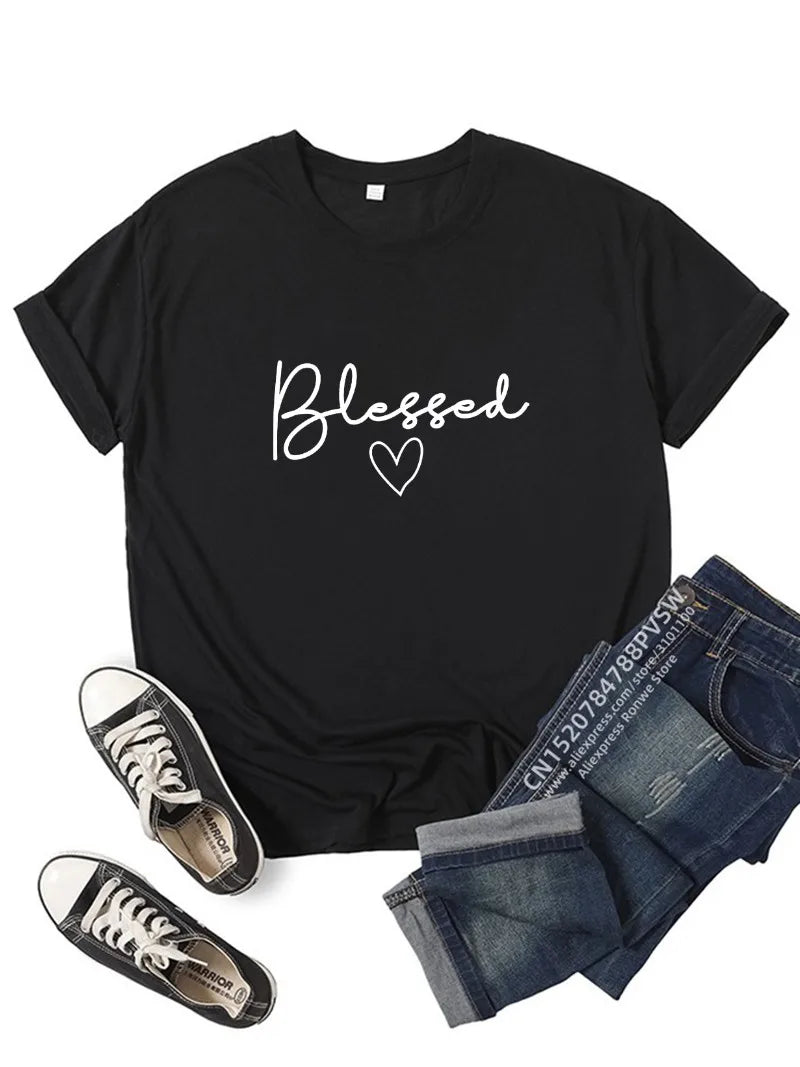 Blessed Heart Printing T-shirts Women Summer Clothes T Shirt Harajuku Graphic Tee Casual Short Sleeve Tops for Girl