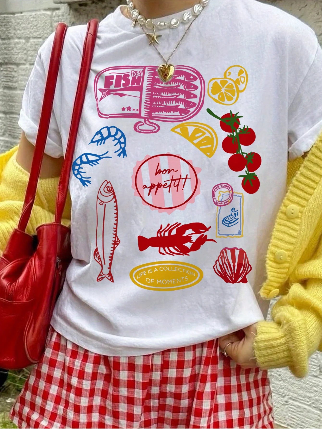 Plus Size Women Graphic Top Seafood Fruit Pattern Print Tshirt Cotton Loose Casual Short Sleeved T-shirt Vintage Female Clothing