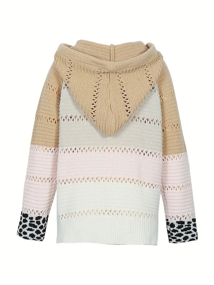 Plus Size Women's Autumn and Winter Pop Hooded Leopard Print Colour Block Sweater Casual Style Acrylic Material