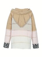 Plus Size Women's Autumn and Winter Pop Hooded Leopard Print Colour Block Sweater Casual Style Acrylic Material