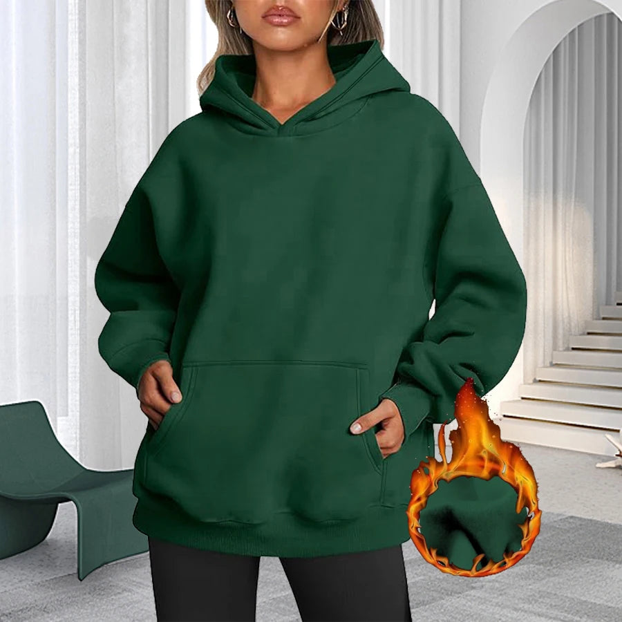 Plus Size Solid Color Kangaroo Pocket Casual Long Sleeve Hoodie, Women's Sweatshirt For Fall & Winter