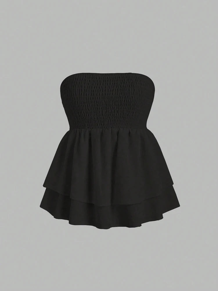 Plus Size Women's 2025 Summer New Sleeveless Tube Holiday Style Solid Color Double Layer Ruffle Swing Tube Women's Tops