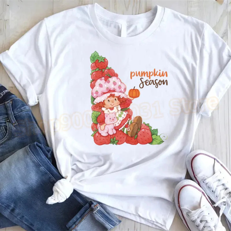 Cute Strawberry Shortcake T-Shirt for Women Retro Cartoon Printed T Shirts Loose Short Sleeved Tops Casual Round Neck Tees