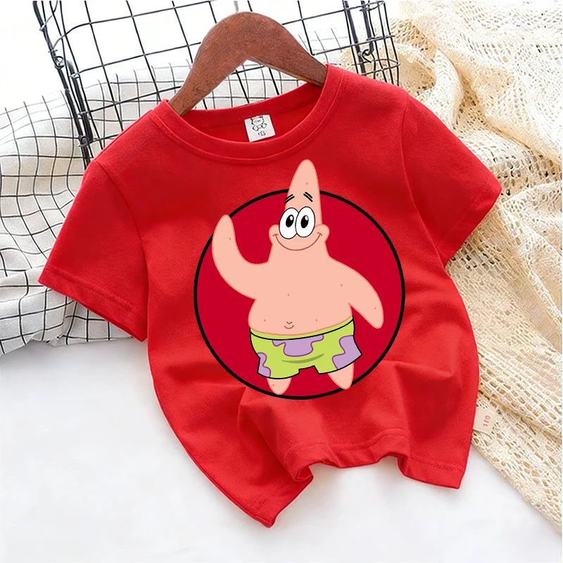 Cute SpongeBobs T-shirt Kids Anime Round Role Boys Girl Toddler Cotton Streetwear Tees Casual Short Sleeve Childern Clothes Tops