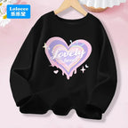 Kawaii Lovely Heart T-shirt for Girls - Cute Pink Purple Heart Print Long Sleeve Top, Kids Casual Cotton Basic Shirt