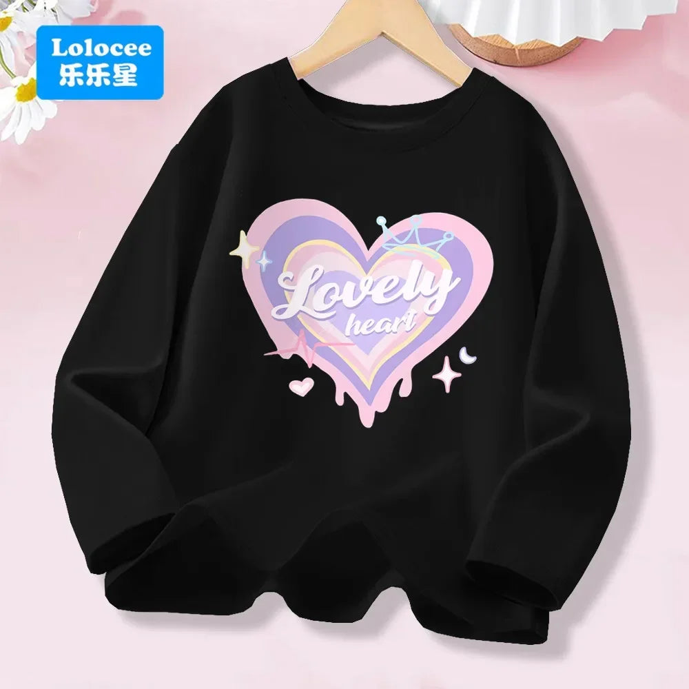 Kawaii Lovely Heart T-shirt for Girls - Cute Pink Purple Heart Print Long Sleeve Top, Kids Casual Cotton Basic Shirt