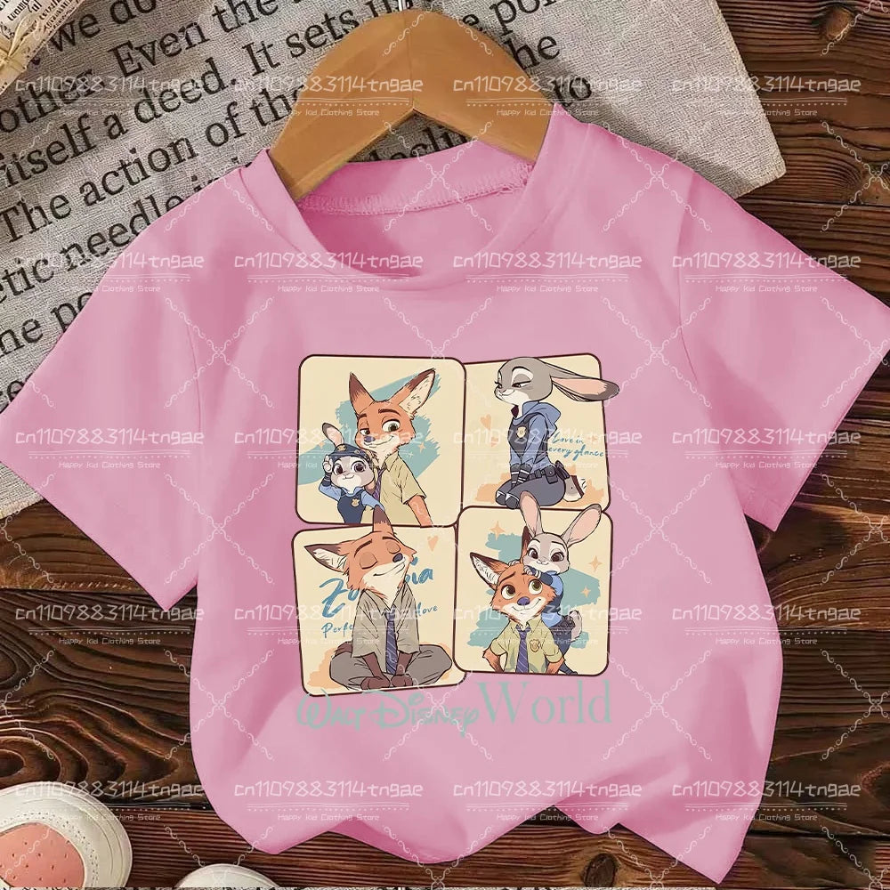 2026 Summer Children Girl Boy Cotton Clothes  Zootopia Cartoon Prints T-shirts Fashion Kid Baby Short Sleeve Crew Neck Top
