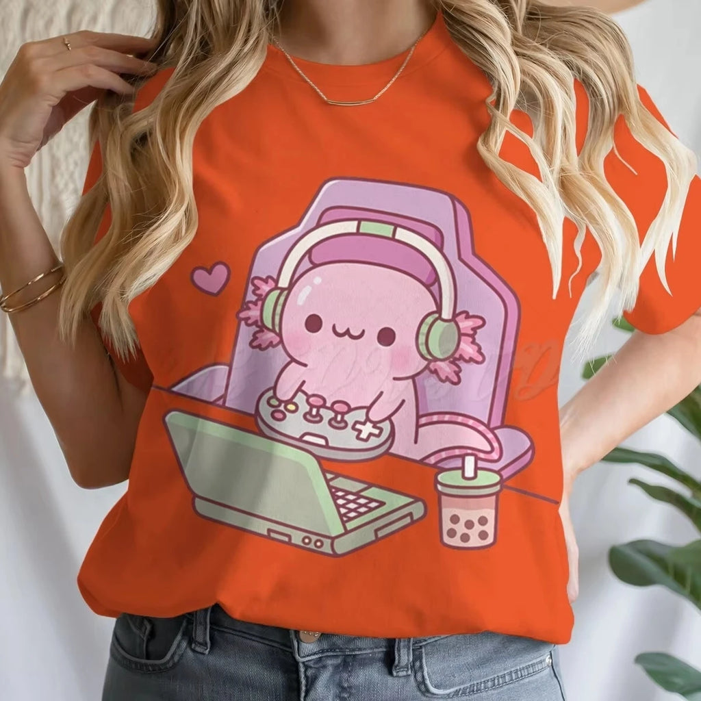 Girls' Summer Clothes Cute Axolotl Playing Games Graphic T-Shirt 3D Print Tie Dye Children's Clothing for Girl Short Sleeve Tee