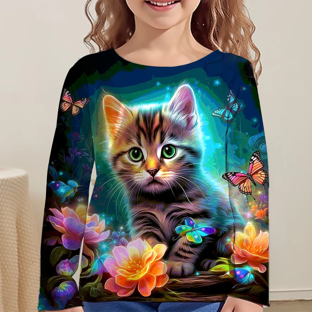 Children's Clothing Girl T-Shirts Top Long Sleeve Children T-Shirt Cute Cat Print Casual Kids Summer Autumn Clothes Girl Clothes