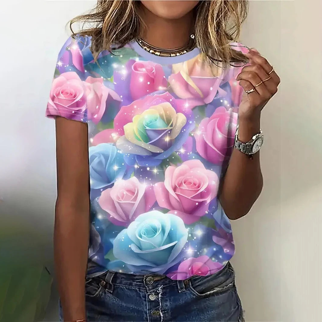 Women's T Shirt Flower Graphic Print Casual Short Sleeve Female Crew Neck T-Shirts Summer  Street Fashion Tops Outdoor Clothes