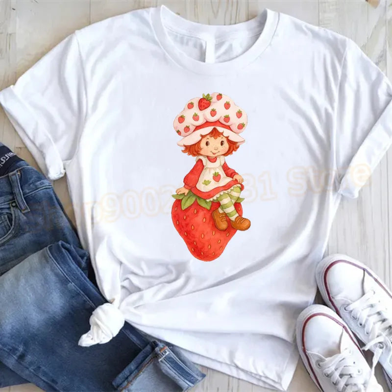 Cute Strawberry Shortcake T-Shirt for Women Retro Cartoon Printed T Shirts Loose Short Sleeved Tops Casual Round Neck Tees