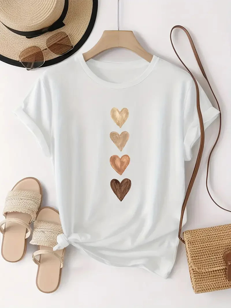 Women's Casual Short Sleeve T-Shirt with Four Heart Graphic Print  Lover T-Shirt Graphic T Shirts Women's Clothing Tshirt