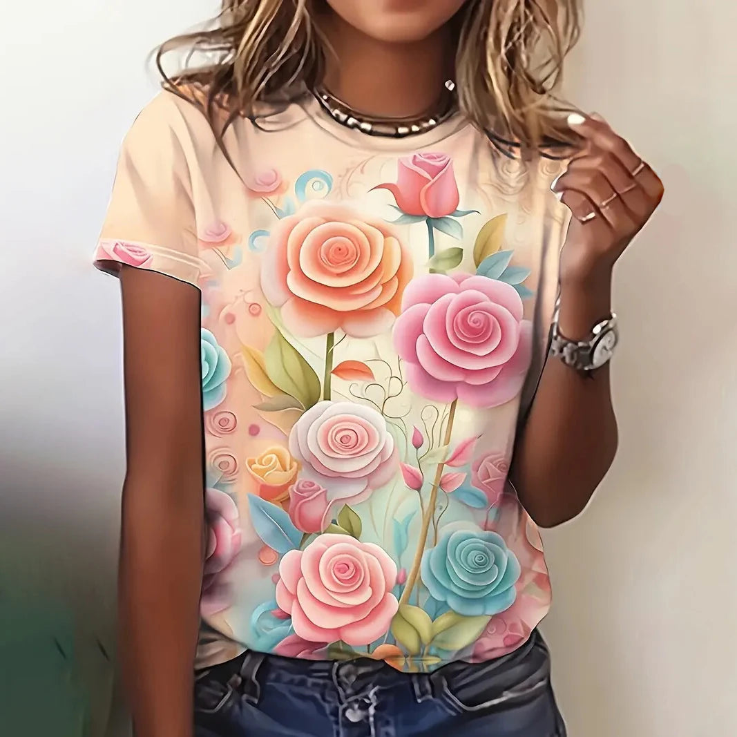 Women's T Shirt Flower Graphic Print Casual Short Sleeve Female Crew Neck T-Shirts Summer  Street Fashion Tops Outdoor Clothes