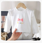 Kids Girls Cotton Long Sleeve Tops with Bow Cute Print Shirt Basic Tee Fall Autumn Clothing for Baby Toddler