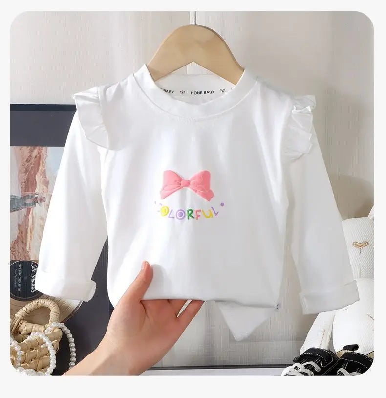 Kids Girls Cotton Long Sleeve Tops with Bow Cute Print Shirt Basic Tee Fall Autumn Clothing for Baby Toddler
