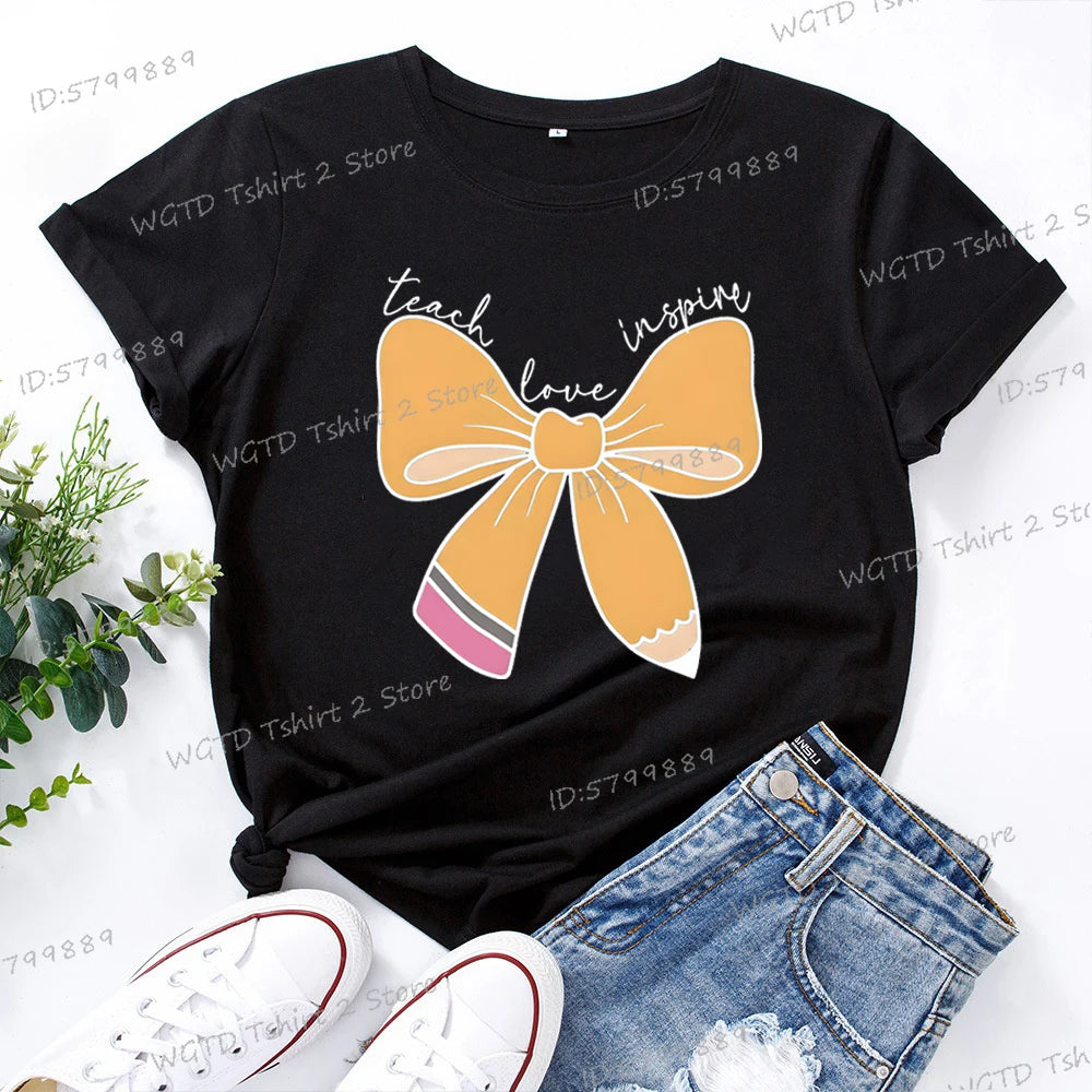 Women's Inspirational Teacher Graphic T Shirt Pencil Bow Design Short Sleeve Tee Gifts for Teacher's Day Crew Neck Classic Tops