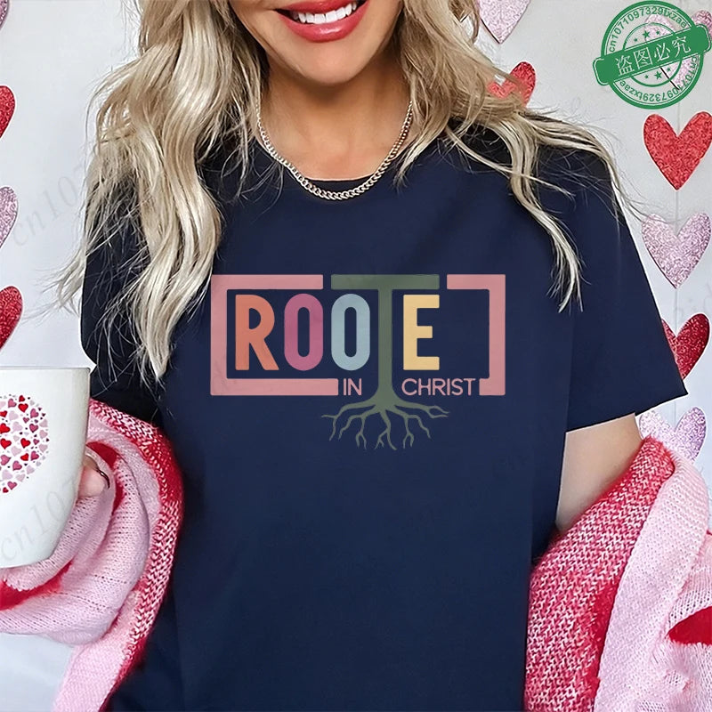 Rooted in Christ T-Shirt Women Vintage Tree Faith Root Graphic Tops Casual Christian Religious Short Sleeve Tee Female Clothing
