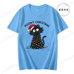 Women'S Casual Graphic T-Shirt - Meowy Christmas Print, Short Sleeve O Neck Top for Christmas Xmas T-Shirts Christmas Santa Tees