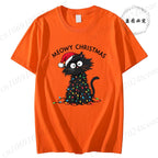 Women'S Casual Graphic T-Shirt - Meowy Christmas Print, Short Sleeve O Neck Top for Christmas Xmas T-Shirts Christmas Santa Tees