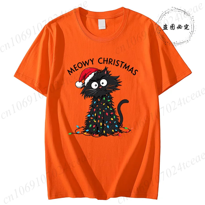 Women'S Casual Graphic T-Shirt - Meowy Christmas Print, Short Sleeve O Neck Top for Christmas Xmas T-Shirts Christmas Santa Tees