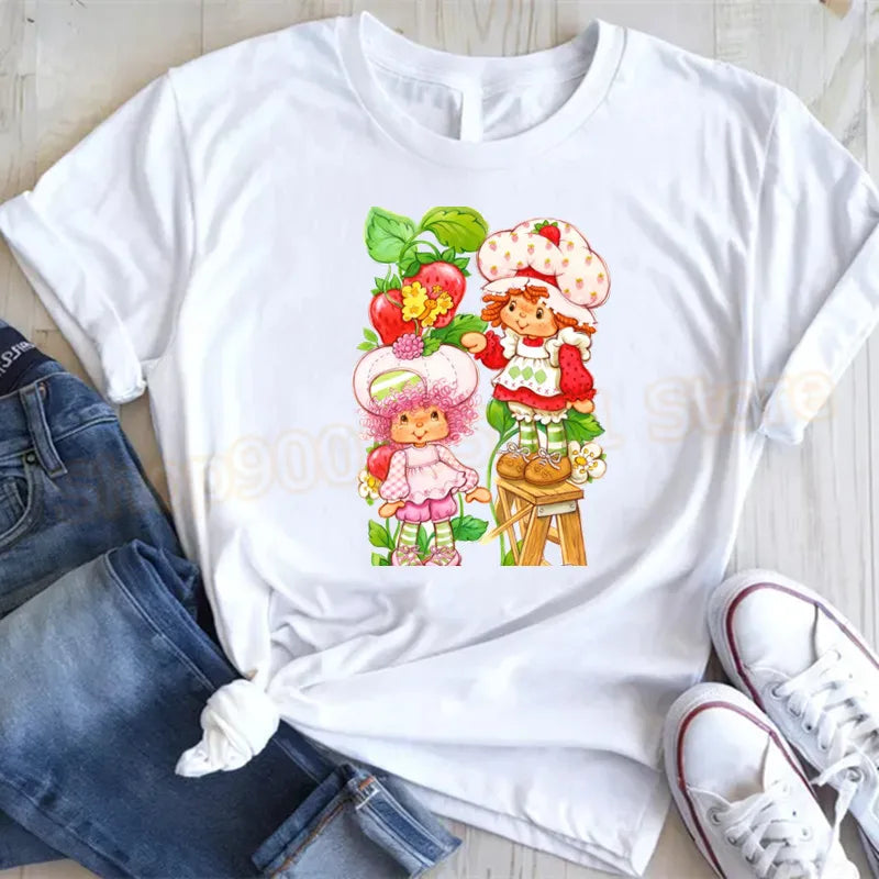 Cute Strawberry Shortcake T-Shirt for Women Retro Cartoon Printed T Shirts Loose Short Sleeved Tops Casual Round Neck Tees