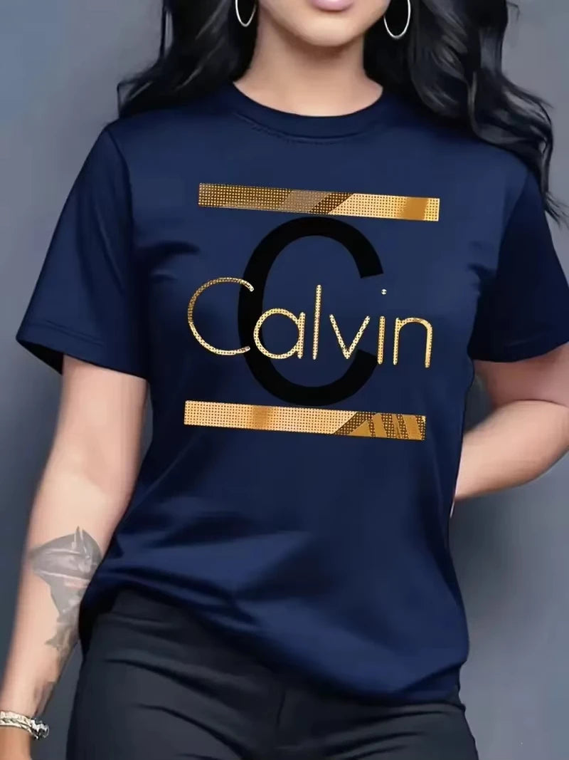 Hot Sale Women's Summer Fashion Casual Calvin Letter Pattern Print Loose Round Neck Short Sleeve Sportswear T-shirt Y2k Clothes