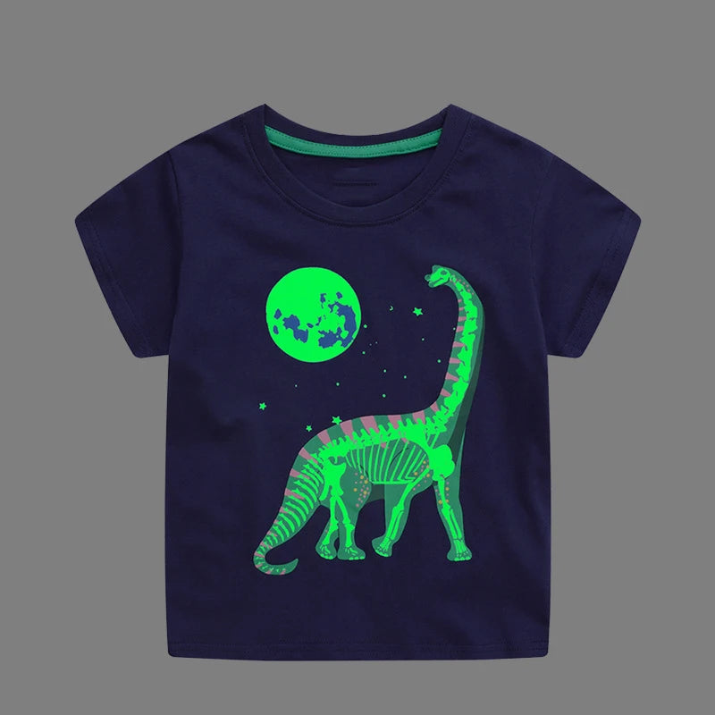 Little maven 2026 New Fashion Boys T-shirt Summer Luminous Dinosaur Animal Cotton Causal Clothes Lovely Tops for Kids 2-7 year