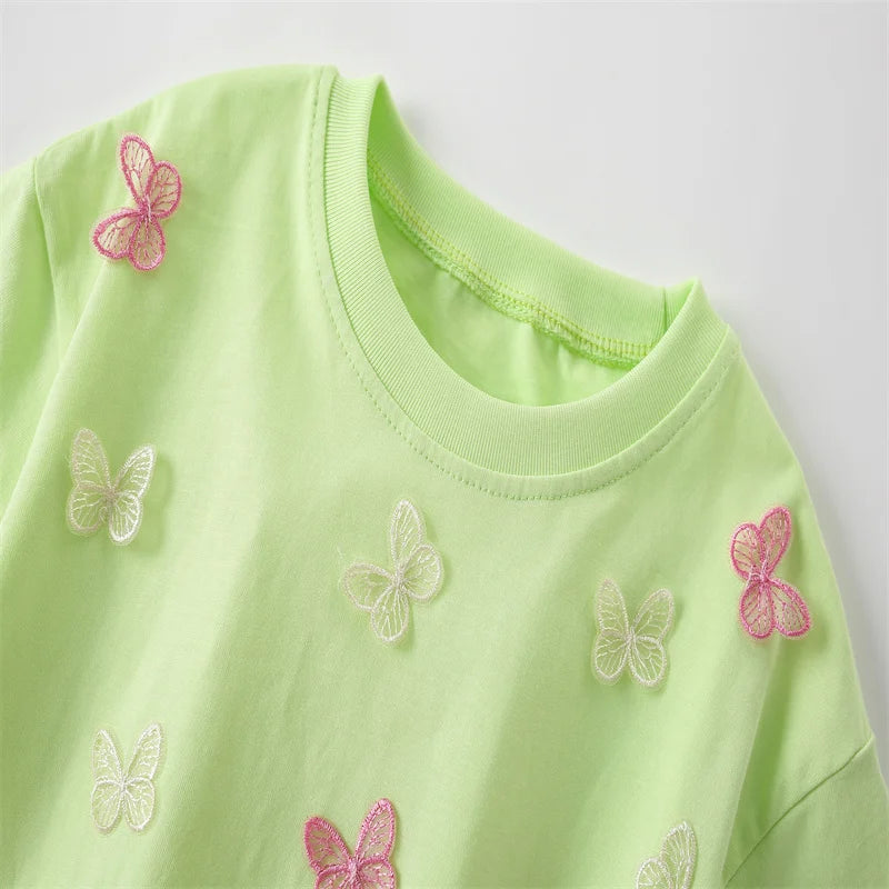 Jumping Meters 3-8T Animals Summer Girls Tshirts Butterflies Applique Short Sleeve Baby Clothes Embroidery Children's Tees