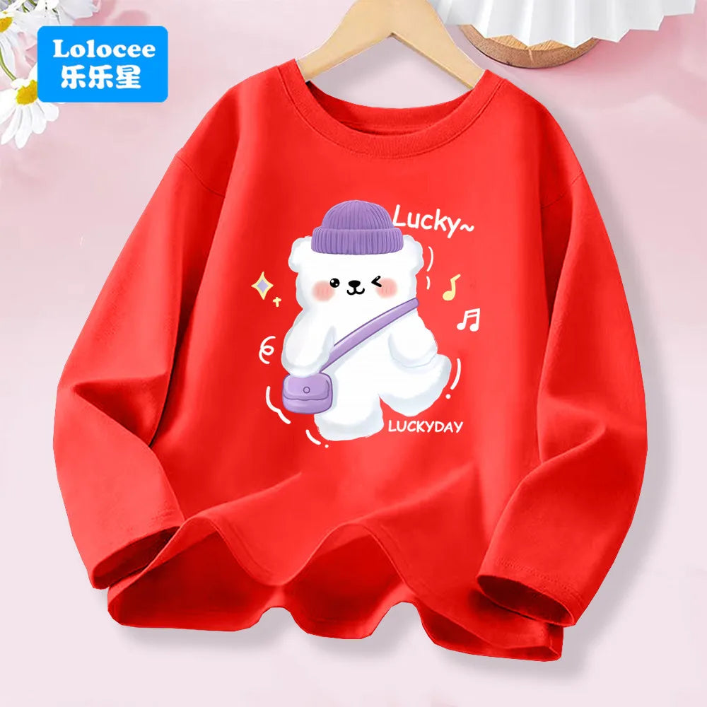 Kawaii Lovely Heart T-shirt for Girls - Cute Pink Purple Heart Print Long Sleeve Top, Kids Casual Cotton Basic Shirt