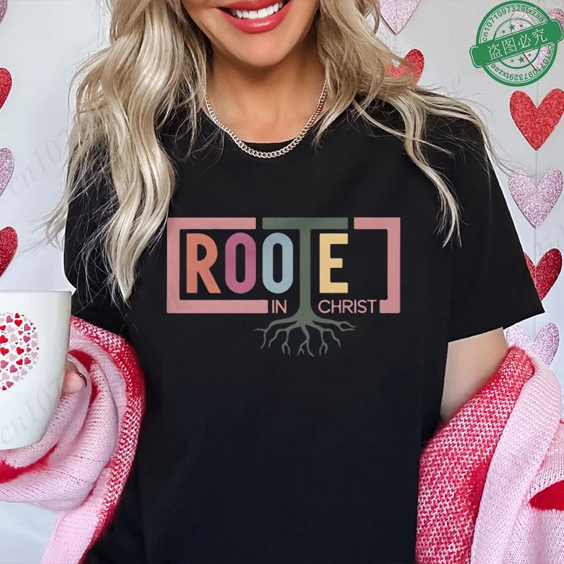 Rooted in Christ T-Shirt Women Vintage Tree Faith Root Graphic Tops Casual Christian Religious Short Sleeve Tee Female Clothing