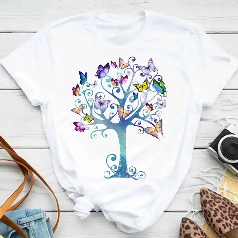 Fashion Women Men T Shirt Colorful Butterfly Petal Graphic Print T Shirt Casual Crew Neck Short Sleeve Plus Size T Shirt Unisex