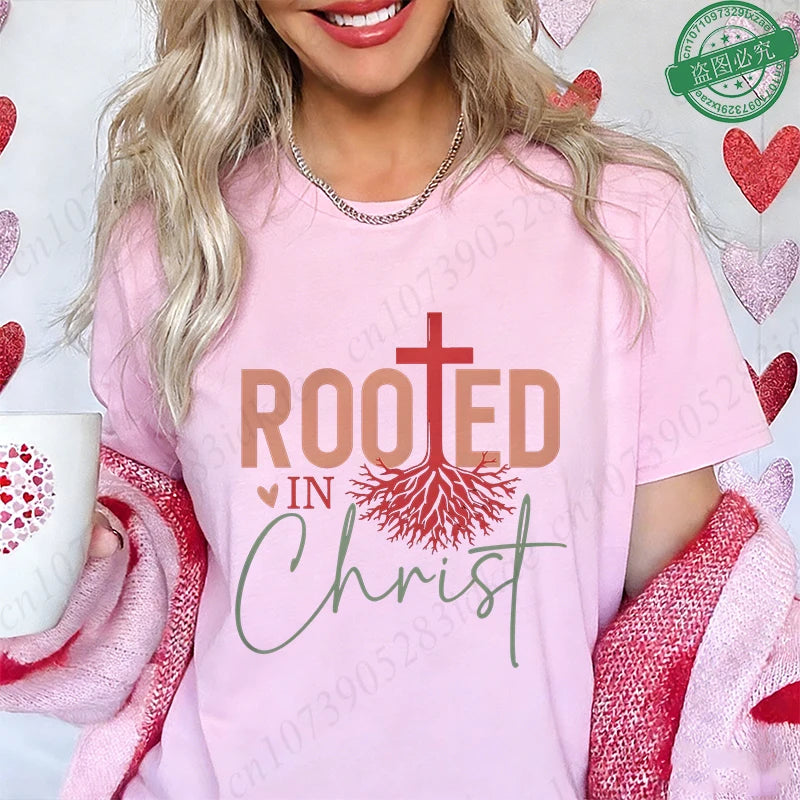 Rooted in Christ T-Shirt Women Vintage Tree Faith Root Graphic Tops Casual Christian Religious Short Sleeve Tee Female Clothing