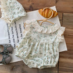 New In: Cute Flower Ruched Fly Sleeve Bodysuits for Newborn Baby Girls 98% Cotton Gift Hat Kids Infant Princess One-pieces 0-24M