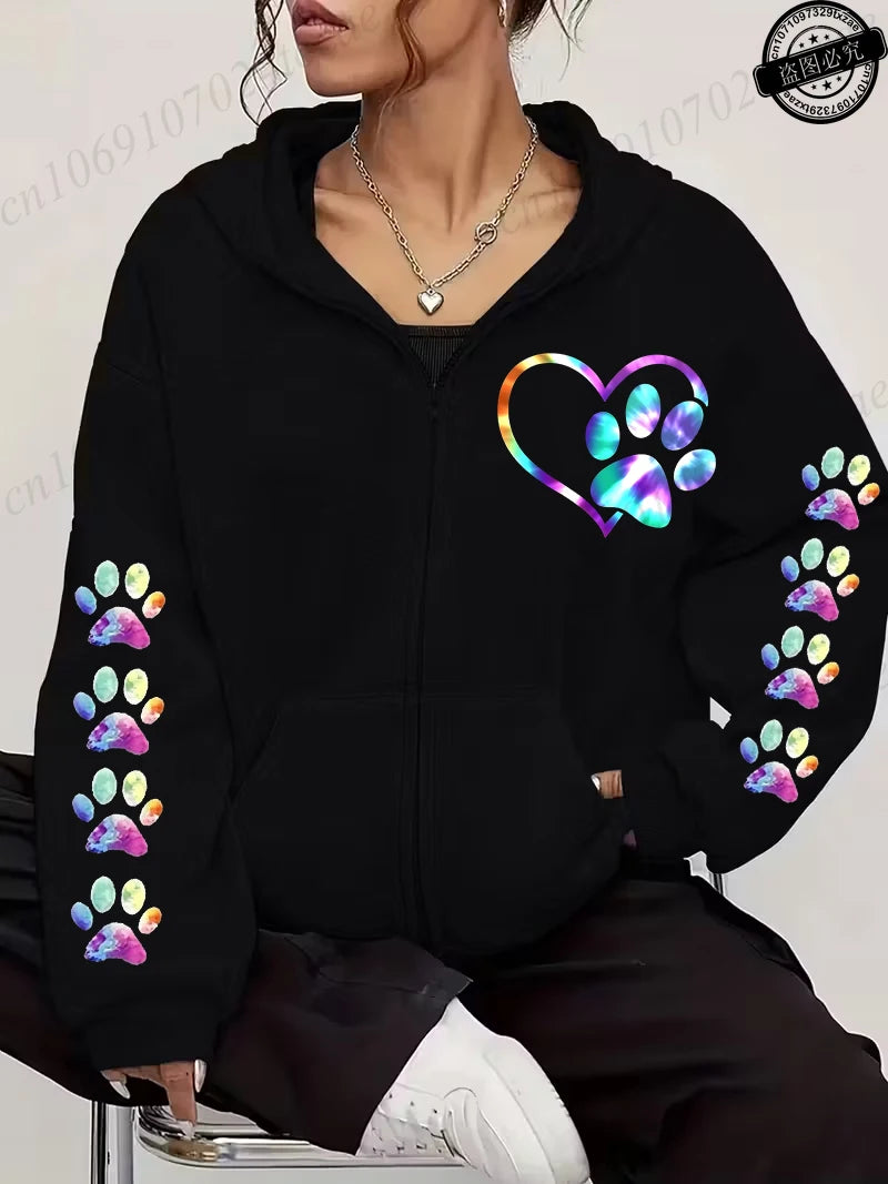 Women Zip Up Hoodies Watercolor Paw Printed Zipper Jackets Coats Autumn Winter Hoody Sweatshirt Fashion Casual Zip Up Hoodie Top