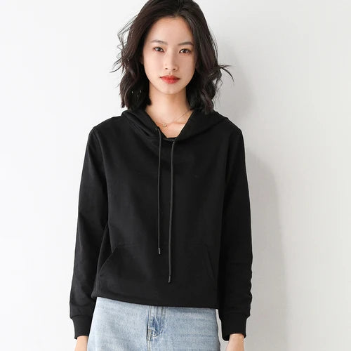 Women Hoodies 100% Cotton Spring Autumn Loose Long Sleeve Pullovers Solid Casual Ladies Outerwear Hooded Hoodie Womens Clothing