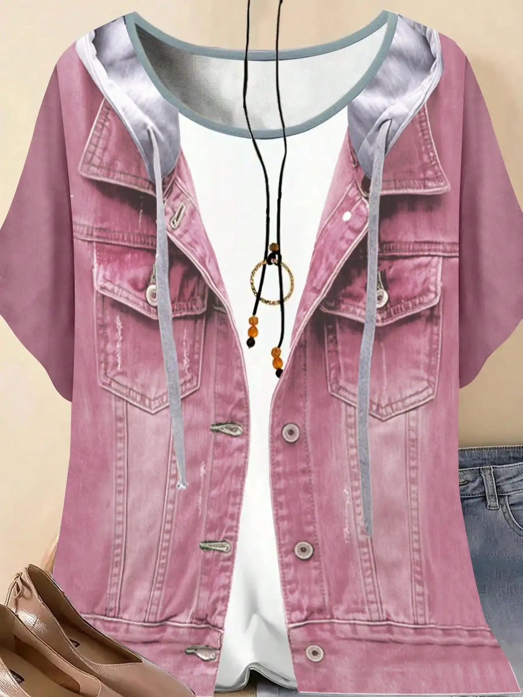 Plus size women's imitation denim casual short sleeved round neck top Western style denim style T-shirt versatile comfortable