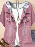 Plus size women's imitation denim casual short sleeved round neck top Western style denim style T-shirt versatile comfortable