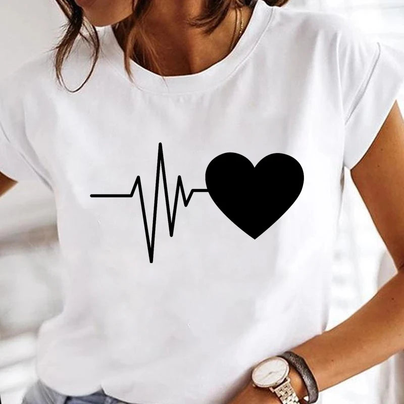 New Women T Shirt Cute Than Heart Printed T-shirt Fashion Love Heart Loose Short Sleevs Round Neck T-shirt Casual Female Tops